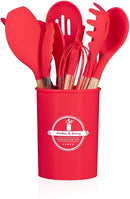 VERMELHO - Conjunto de Utensílios de Cozinha 12Pçs - Silicone e Cabo de Madeira