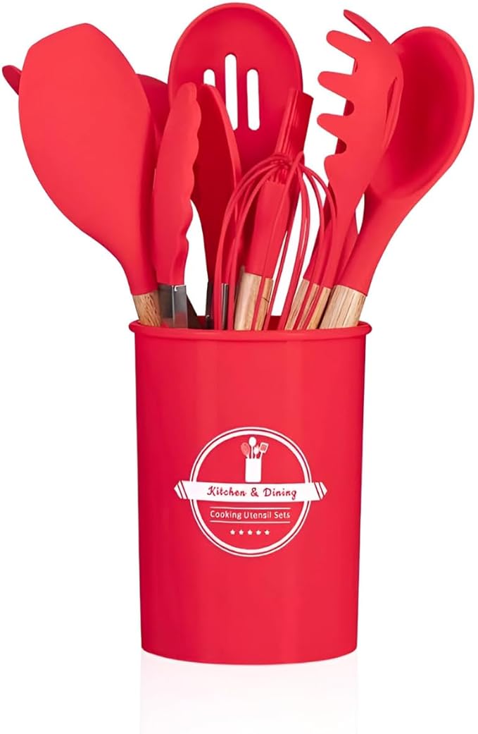 VERMELHO - Conjunto de Utensílios de Cozinha 12Pçs - Silicone e Cabo de Madeira