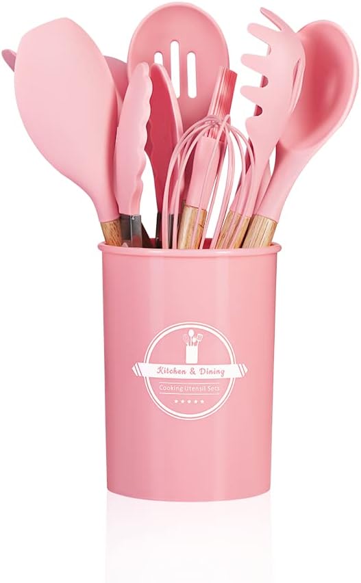 ROSA - Conjunto de Utensílios de Cozinha 12Pçs - Silicone e Cabo de Madeira