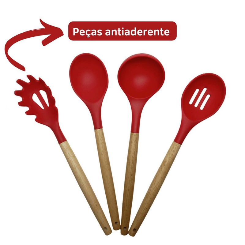 VERMELHO - Conjunto de Utensílios de Cozinha 12Pçs - Silicone e Cabo de Madeira