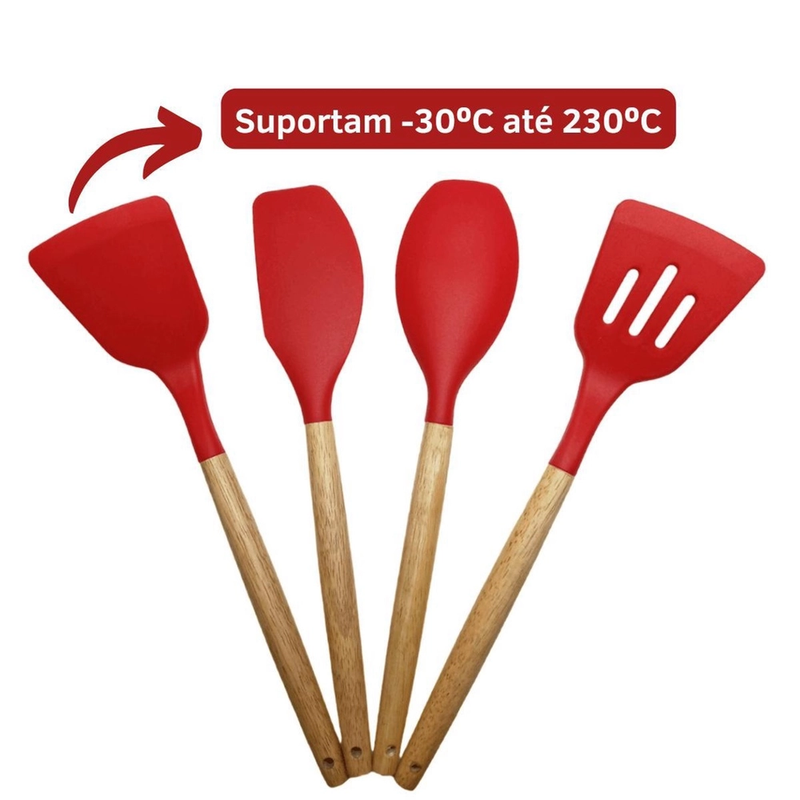 VERMELHO - Conjunto de Utensílios de Cozinha 12Pçs - Silicone e Cabo de Madeira