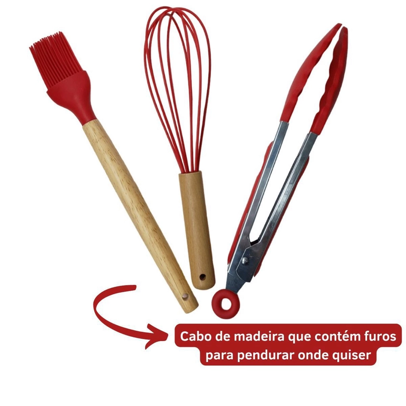 VERMELHO - Conjunto de Utensílios de Cozinha 12Pçs - Silicone e Cabo de Madeira