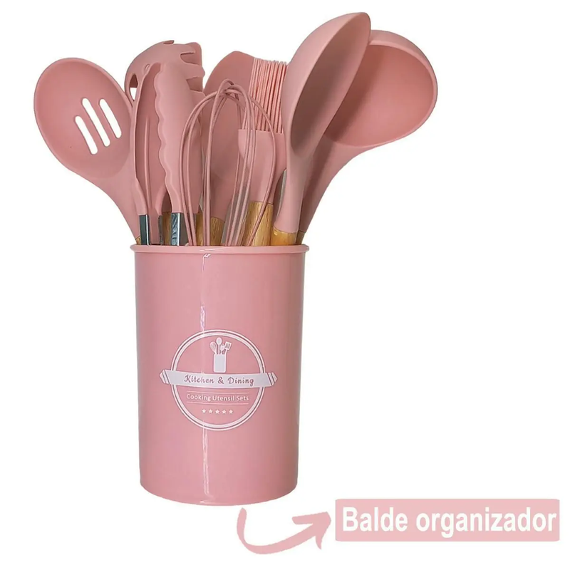 ROSA - Conjunto de Utensílios de Cozinha 12Pçs - Silicone e Cabo de Madeira