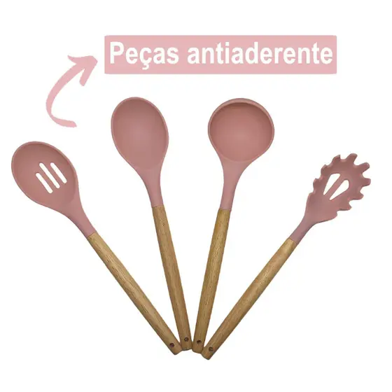 ROSA - Conjunto de Utensílios de Cozinha 12Pçs - Silicone e Cabo de Madeira