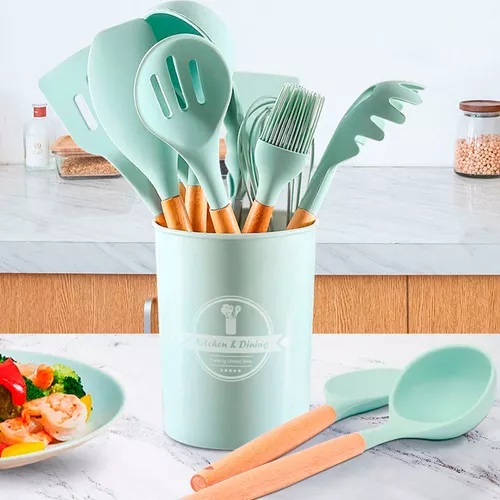 VERDE - Conjunto de Utensílios de Cozinha 12Pçs - Silicone e Cabo de Madeira