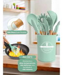 VERDE - Conjunto de Utensílios de Cozinha 12Pçs - Silicone e Cabo de Madeira