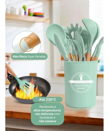 VERDE - Conjunto de Utensílios de Cozinha 12Pçs - Silicone e Cabo de Madeira