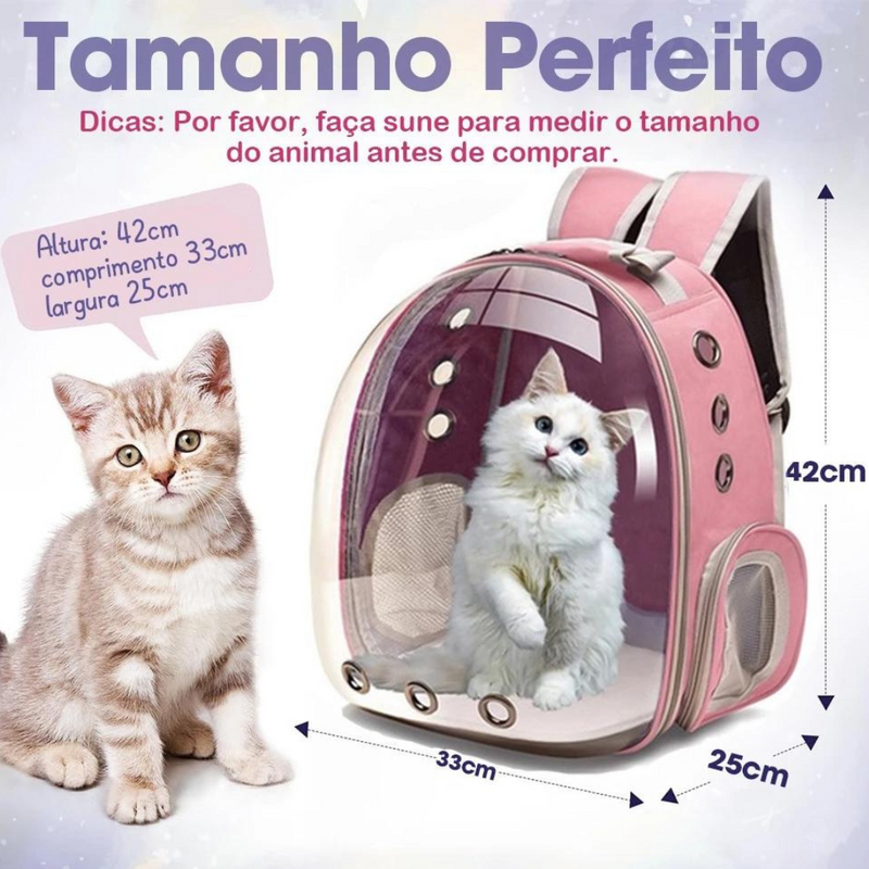 ROSA - Mochila Pet Transporte para Cães e Gatos Visão Ampla com Entrada de Ar