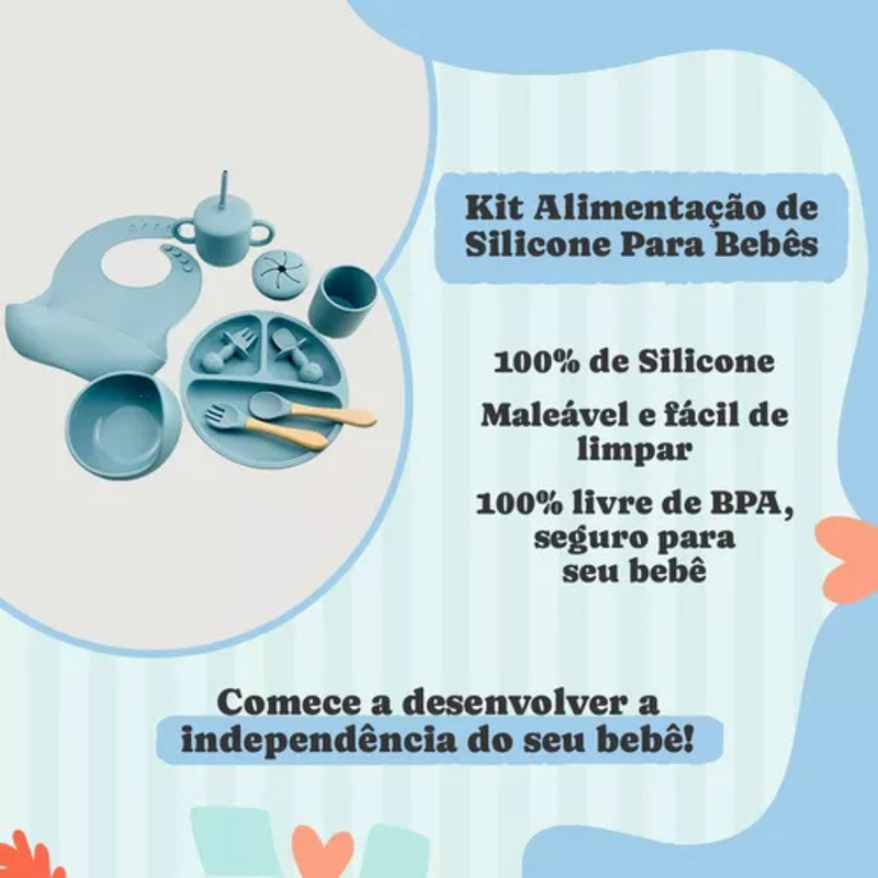 AZUL ESCURO ou CLARO - Jogo Introdução Alimentar Bebê Utensílios em Silicone Premium 8 Pçs BBL-54