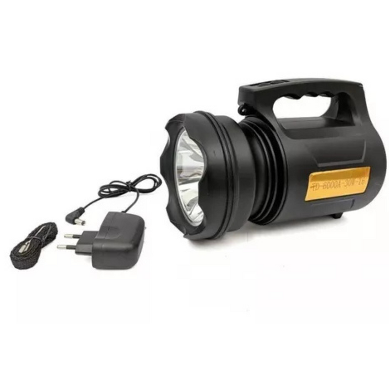 T6 LANTERNA BIVOLT - Holofote LED PRETO 30W TD-6000A Recarregável Pesca Trilha Camping - BM-6000