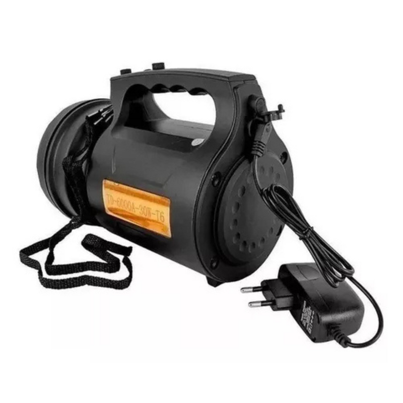 T6 LANTERNA BIVOLT - Holofote LED PRETO 30W TD-6000A Recarregável Pesca Trilha Camping - BM-6000