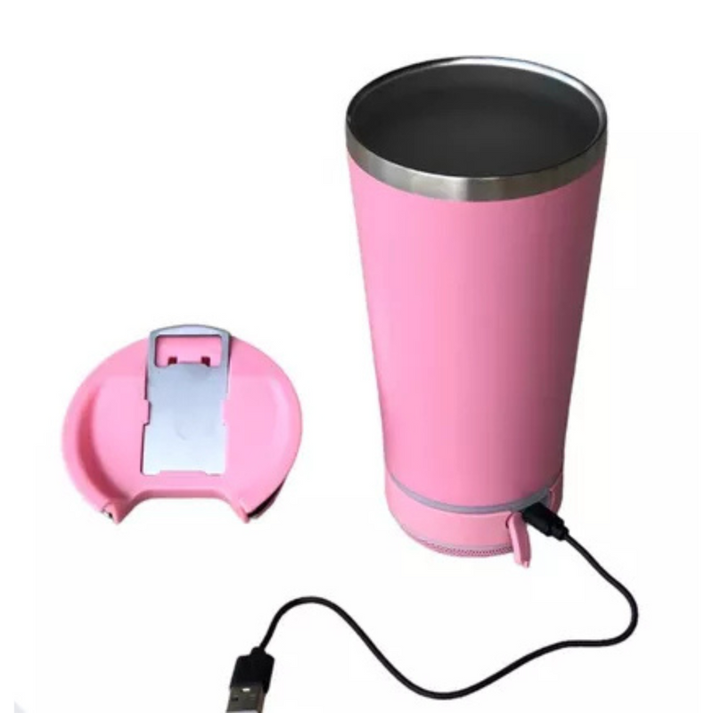 Personalizado Bluetooth - Copo Térmico Som Led e TAMPA com ABRIDOR (420 ml) - Rosa