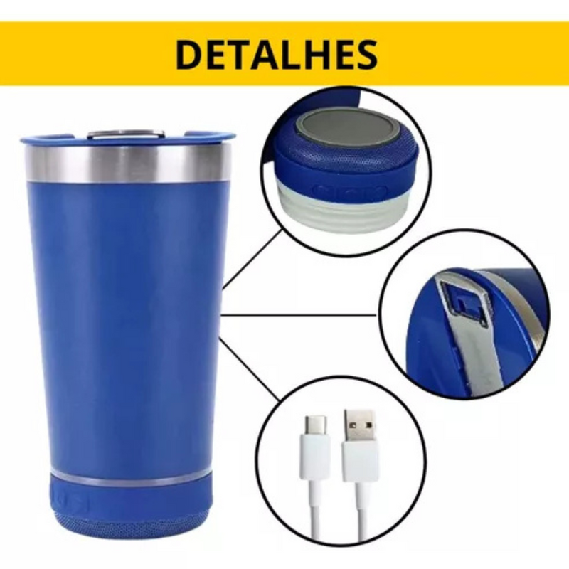 Personalizado Bluetooth - Copo Térmico Som Led e TAMPA com ABRIDOR (420 ml) - Azul Marinho