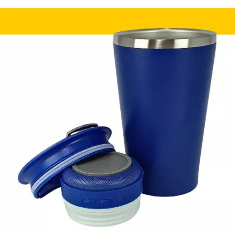 Personalizado Bluetooth - Copo Térmico Som Led e TAMPA com ABRIDOR (420 ml) - Azul Marinho