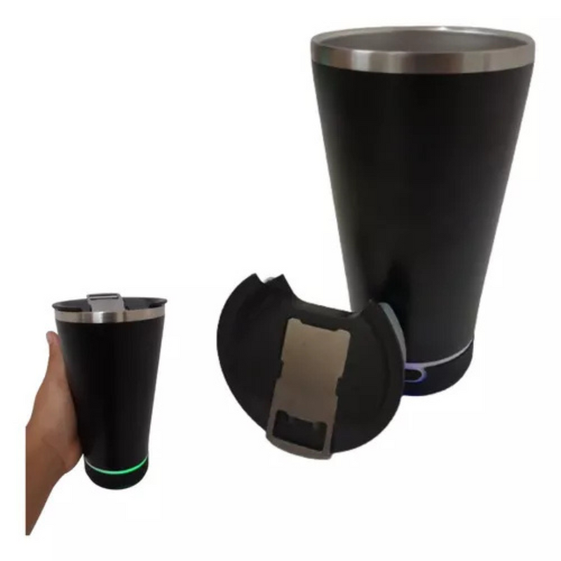 Normal Bluetooth - Copo Térmico Som Led e TAMPA com ABRIDOR (420 ml) - Preto