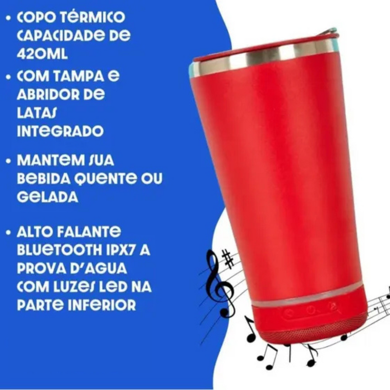 Personalizado Bluetooth - Copo Térmico Som Led e TAMPA com ABRIDOR (420 ml) - Vermelho