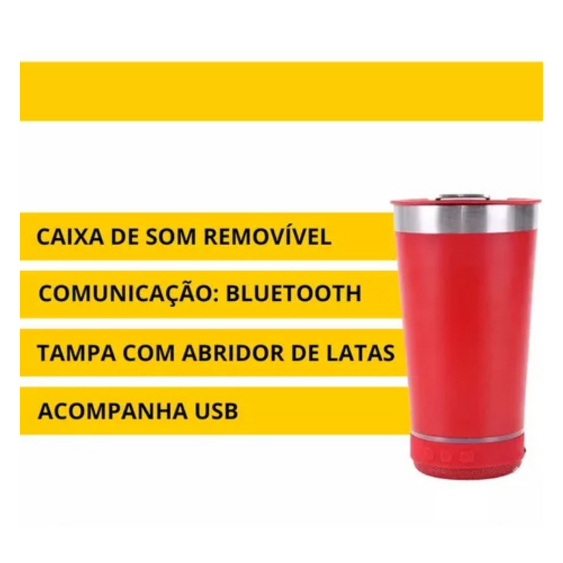 Personalizado Bluetooth - Copo Térmico Som Led e TAMPA com ABRIDOR (420 ml) - Vermelho