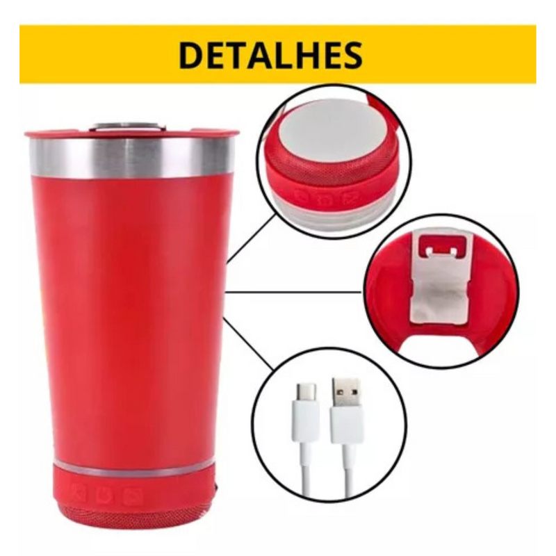 Personalizado Bluetooth - Copo Térmico Som Led e TAMPA com ABRIDOR (420 ml) - Vermelho