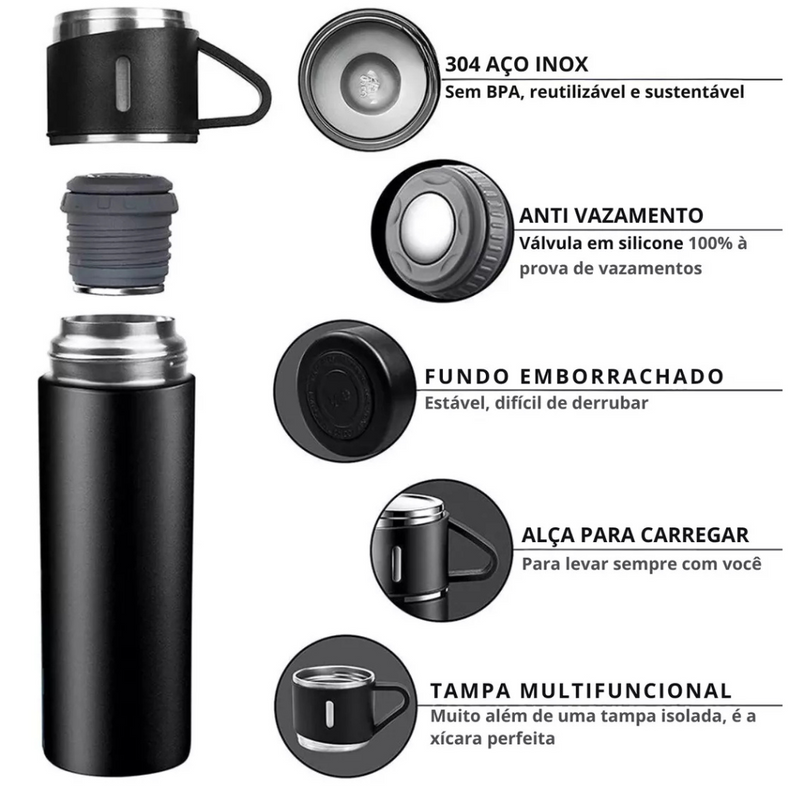 Jogo de Garrafa Térmica 500ML+ 3 Xícaras Aço Inoxidável -PRETO