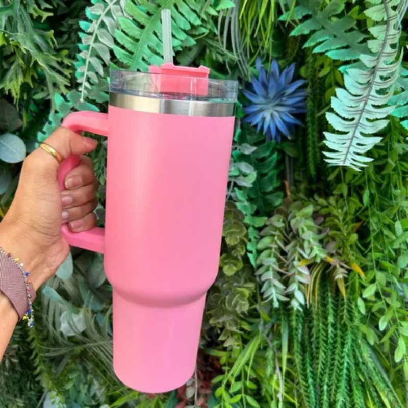Personalizado - Copo Caneca (1200 ml) Térmica Inox com Alça e Canudo - Rosa