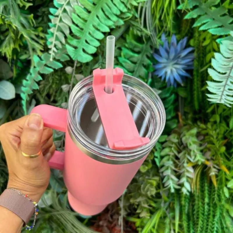 Personalizado - Copo Caneca (1200 ml) Térmica Inox com Alça e Canudo - Rosa