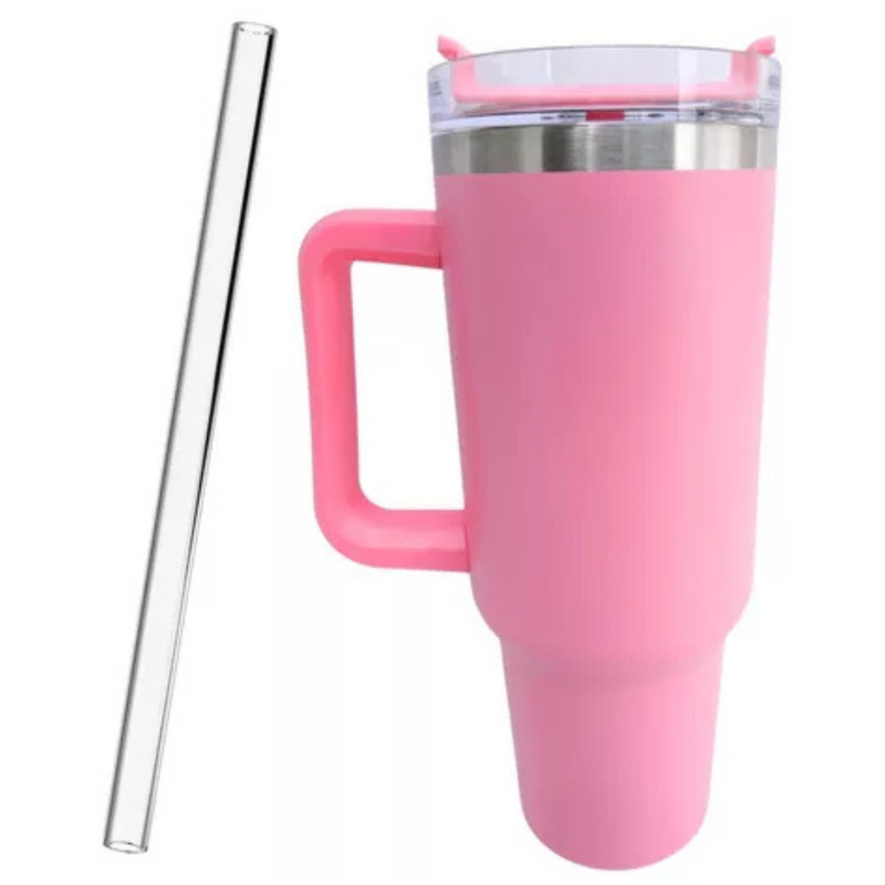 Personalizado - Copo Caneca (1200 ml) Térmica Inox com Alça e Canudo - Rosa