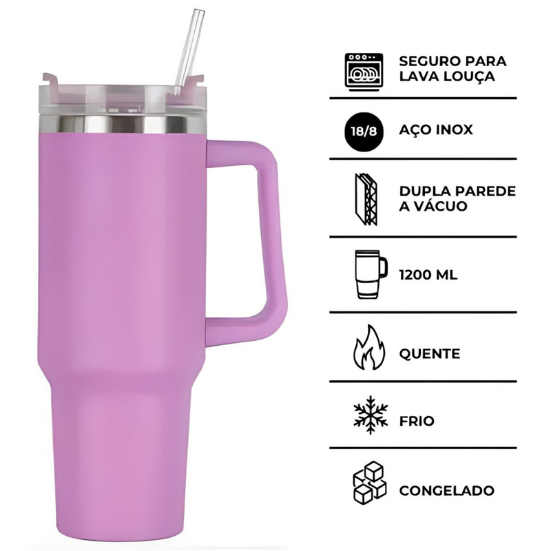 Normal - Copo Caneca (1200 ml) Inox com Alça e Canudo - Lilás