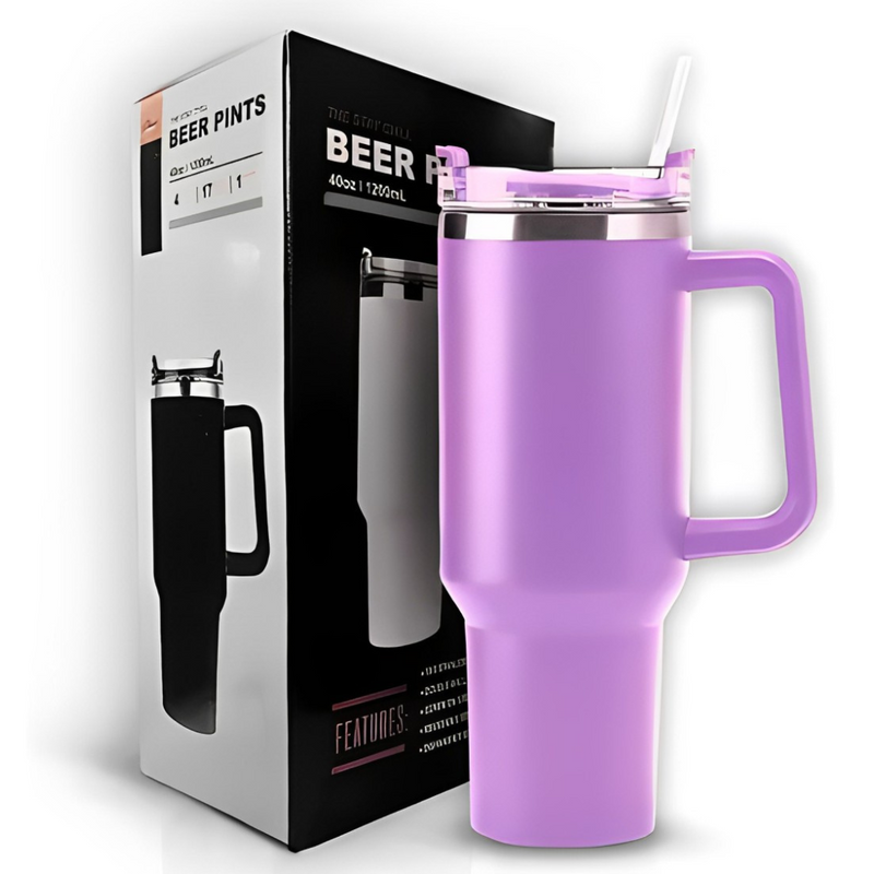 Normal - Copo Caneca (1200 ml) Inox com Alça e Canudo - Lilás