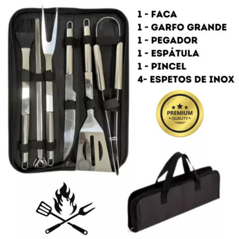 Conjunto de Churrasco 9 Peças Inox Profissional C/ Bolsa - BM-F1026