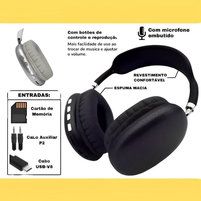 PRETO - P9- Fone De Ouvido Bluetooth Air - S/ Fio Wireless Headphone