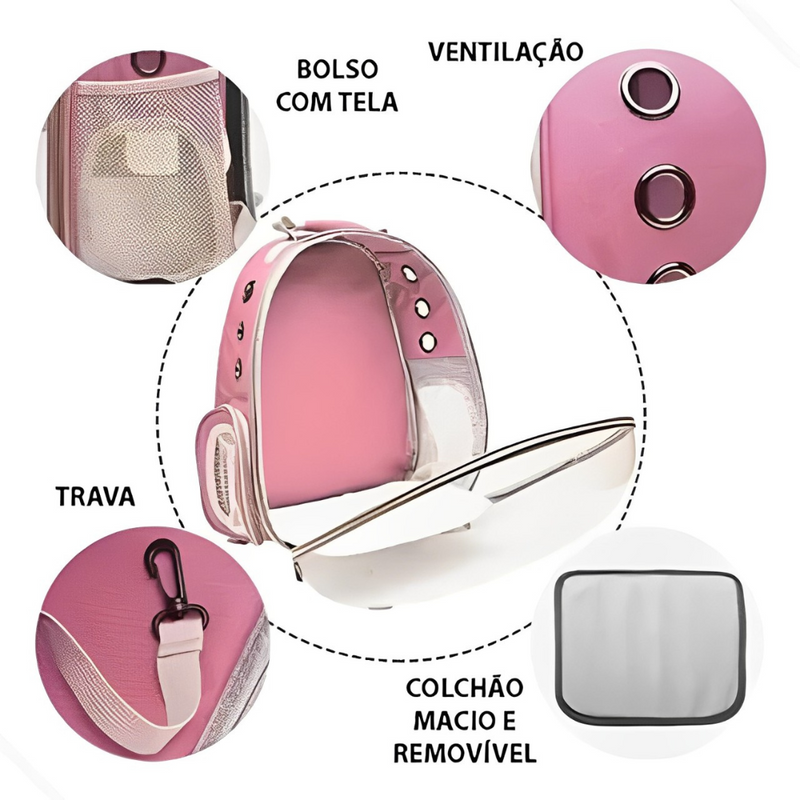 ROSA - Mochila Pet Transporte para Cães e Gatos Visão Ampla com Entrada de Ar
