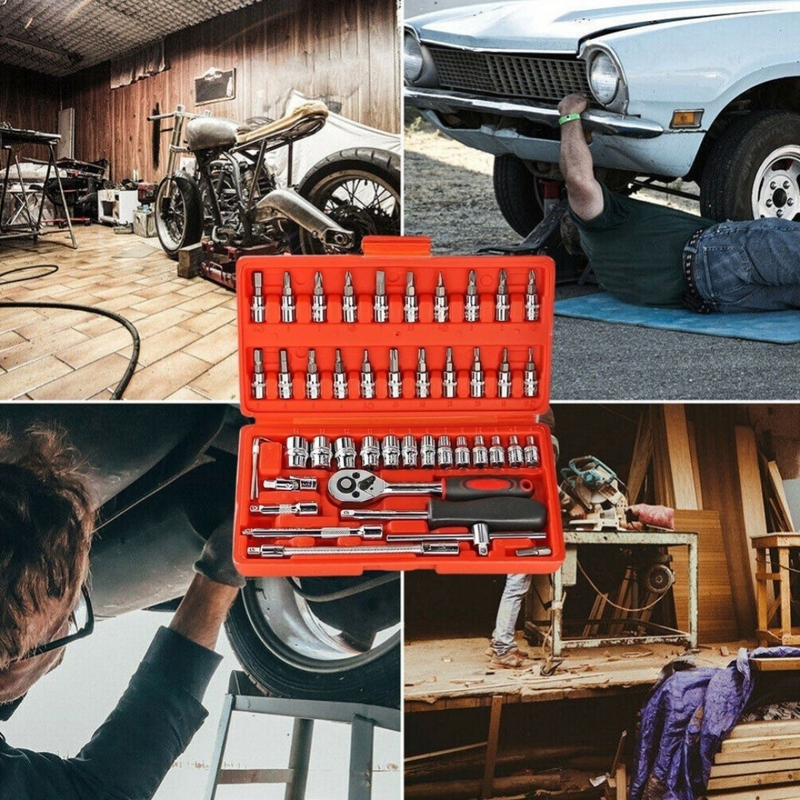 VERMELHA - Jogo de Ferramentas com 46 Peças Soquete Aço c/ Maleta uso Automotível e Doméstico