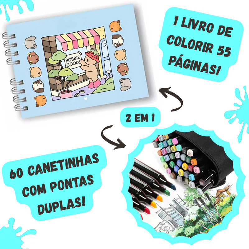 Kit Livro Colorir URSO BOB (Azul) + 60 Canetas