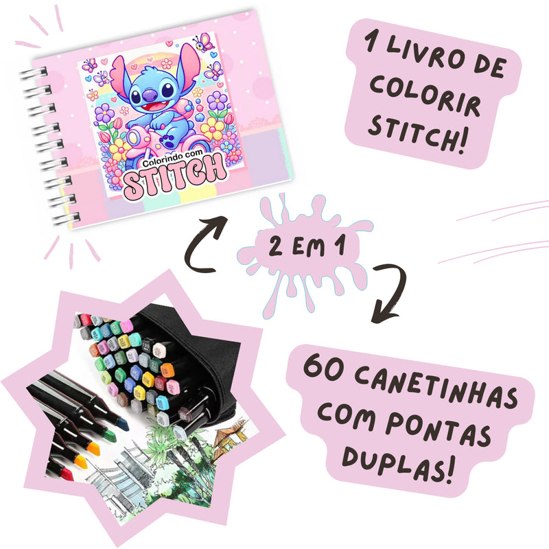 Kit Livro Colorir LIL. STI. (Rosa) + 60 Canetas
