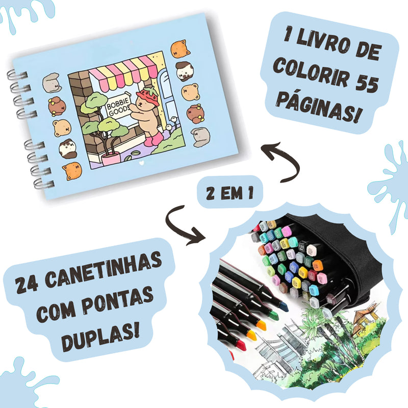 Kit Livro Colorir URSO BOB (Azul) + 24 Canetas 