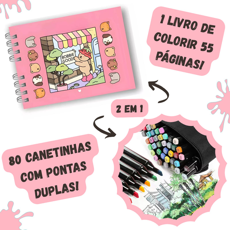 Kit Livro Colorir URSO BOB (Rosa) + 80 Canetas 