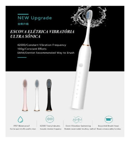 Escova Dental Elétrica Recarregável USB com 6 Modos e 4 Refil IPX7 (Cores Sortidas)