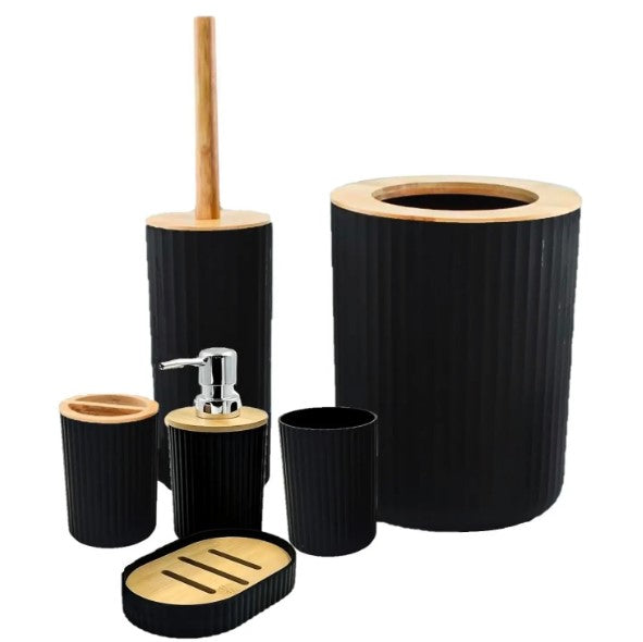 PRETO - Conjunto de Acessório para Banheiro  - Bambu 6 Peças BM-F1080A