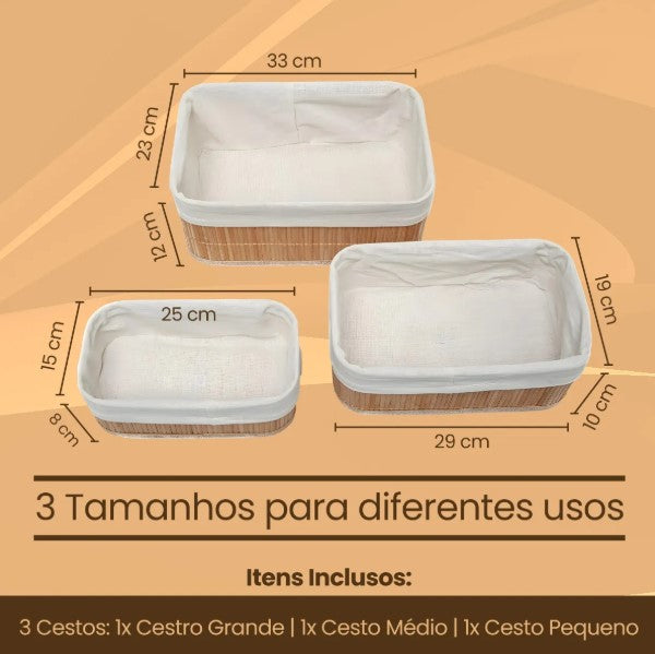 Conjunto de 3 Cestos de Bambu Organizadores Multiuso Com Forro BM-F1101