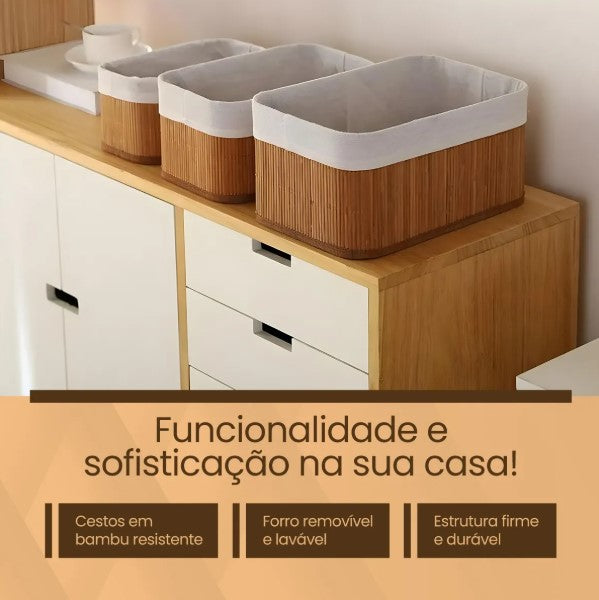 Conjunto de 3 Cestos de Bambu Organizadores Multiuso Com Forro BM-F1101