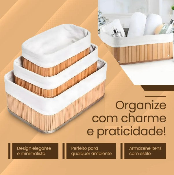 Conjunto de 3 Cestos de Bambu Organizadores Multiuso Com Forro BM-F1101