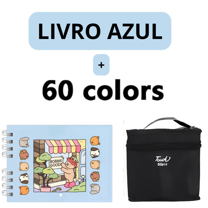 Kit Livro Colorir URSO BOB (Azul) + 60 Canetas