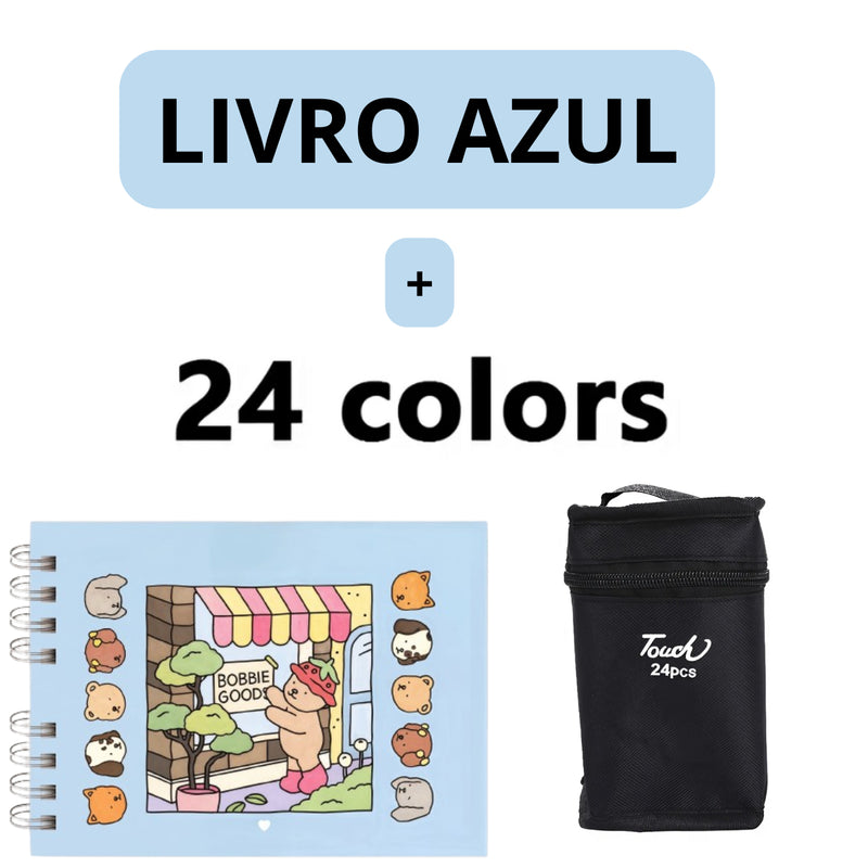 Kit Livro Colorir URSO BOB (Azul) + 24 Canetas 