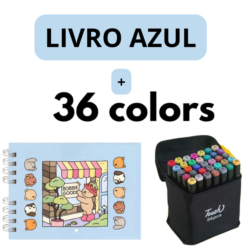 Kit Livro Colorir URSO BOB (Azul) + 36 Canetas