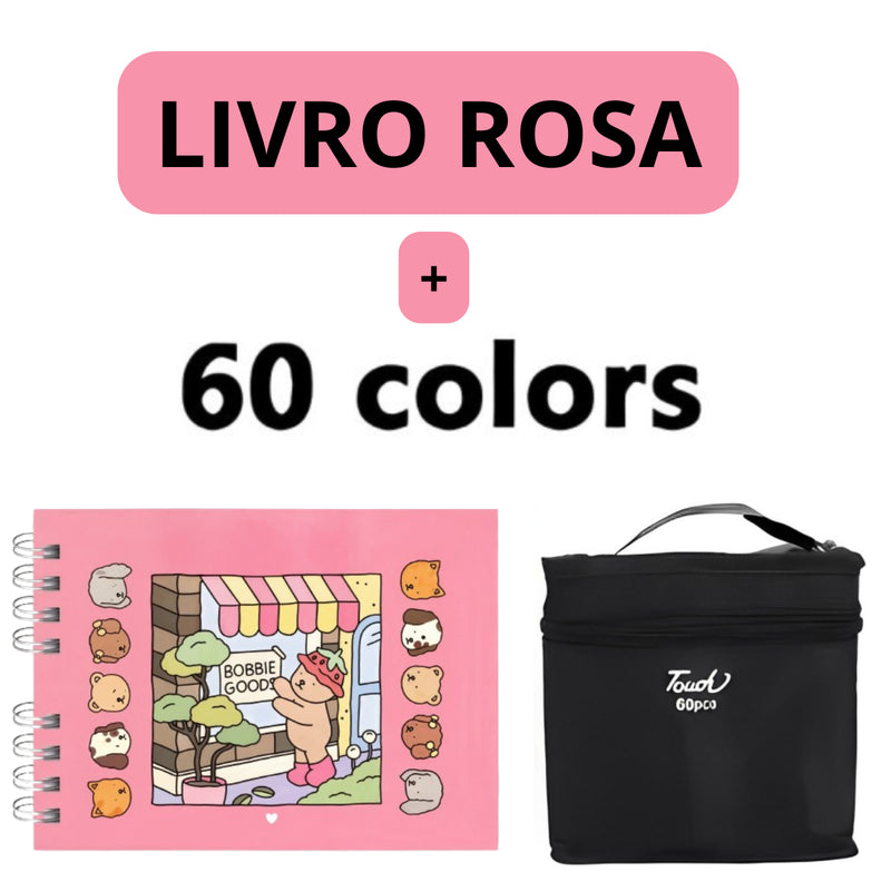 Kit Livro Colorir URSO BOB (Rosa) + 60 Canetas