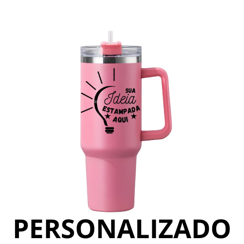 Personalizado - Copo Caneca (1200 ml) Térmica Inox com Alça e Canudo - Rosa