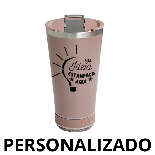 Personalizado Bluetooth - Copo Térmico Som Led e TAMPA com ABRIDOR (420 ml) - Rosê