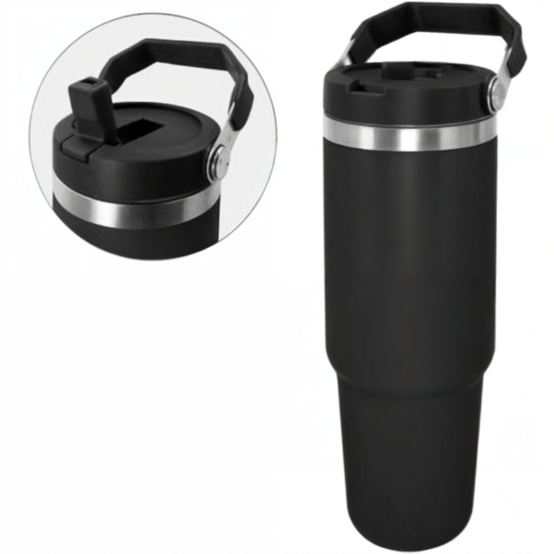 Personalizado Grande - Garrafa Flip Straw Tumbler com Alça Superior e Canudo (900ml) - Preto