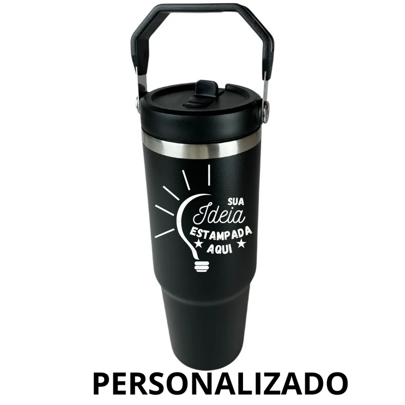 Personalizado Grande - Garrafa Flip Straw Tumbler com Alça Superior e Canudo (900ml) - Preto