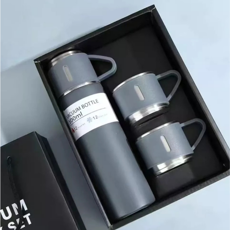 Personalizado - Jogo de Garrafa Térmica 500ML + 3 Xícaras Aço Inoxidável - Cinza